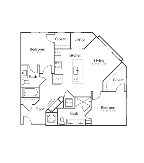 Floor plan for 2 beds, 2 baths, 1080 sqft